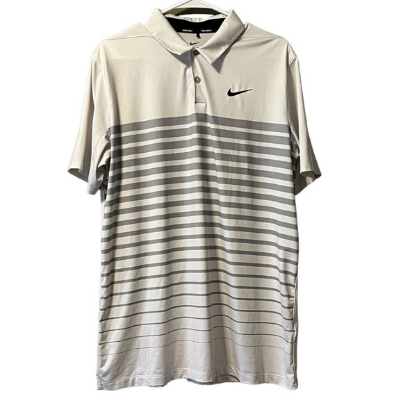 NIKE GOLF Size Large Dri-Fit White Brushed Gray Stripe Mens Polo Shirt Athletic - Picture 1 of 12